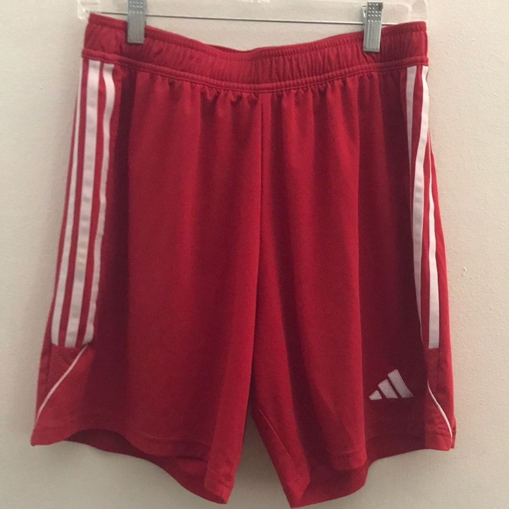 Adidas Red Athletic Shorts with White Stripes